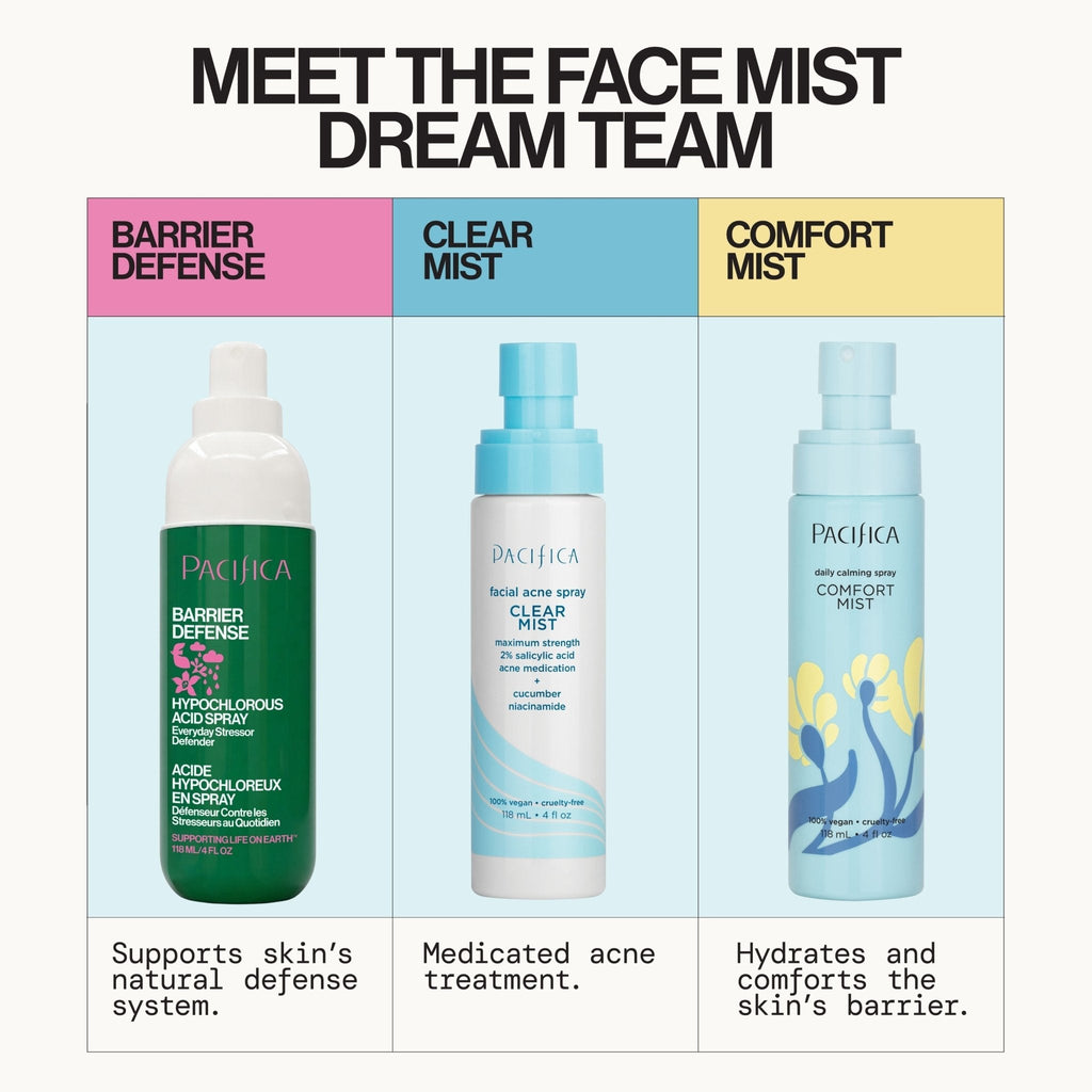 Three Pacifica face mist products with labels for Barrier Defense, Clear Mist, and Comfort Mist on a light blue background.