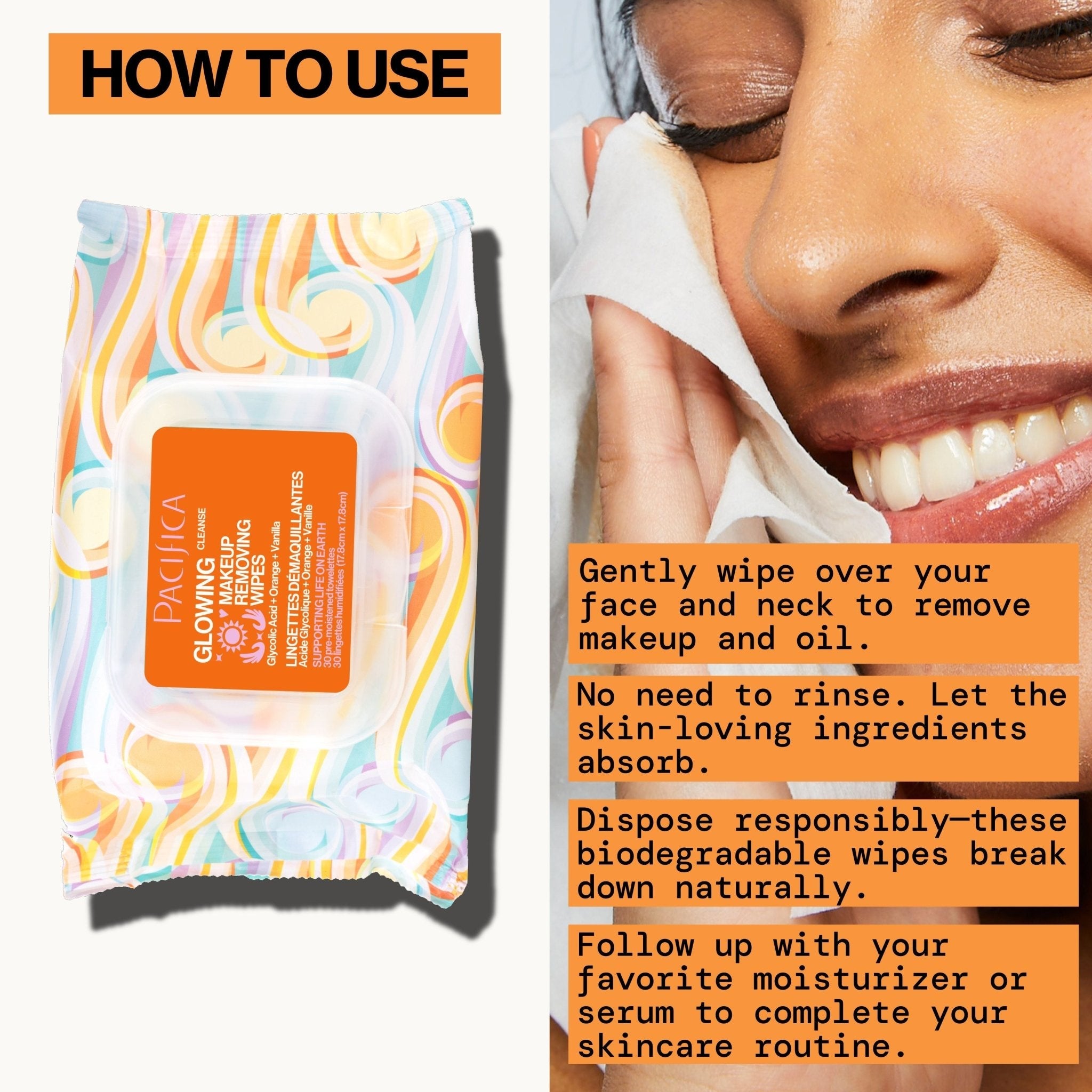 Glowing Glycolic Acid, Orange & Vanilla Makeup Removing Wipes - Pacifica