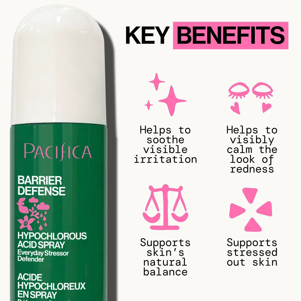 Pacifica Barrier Defense spray with key benefits listed on a white background