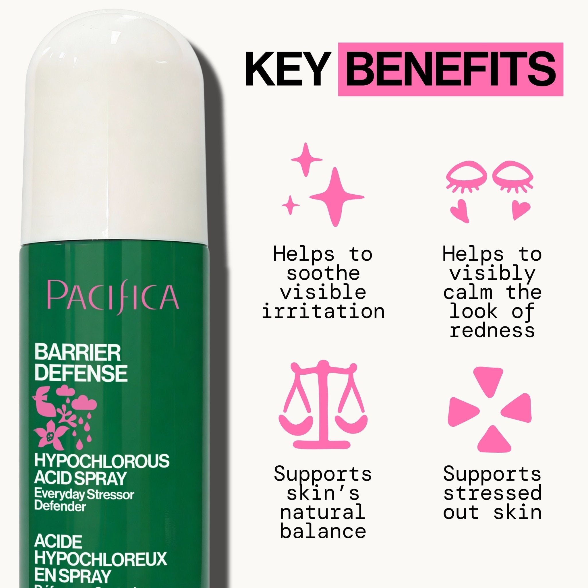 Pacifica Barrier Defense spray with key benefits listed on a white background