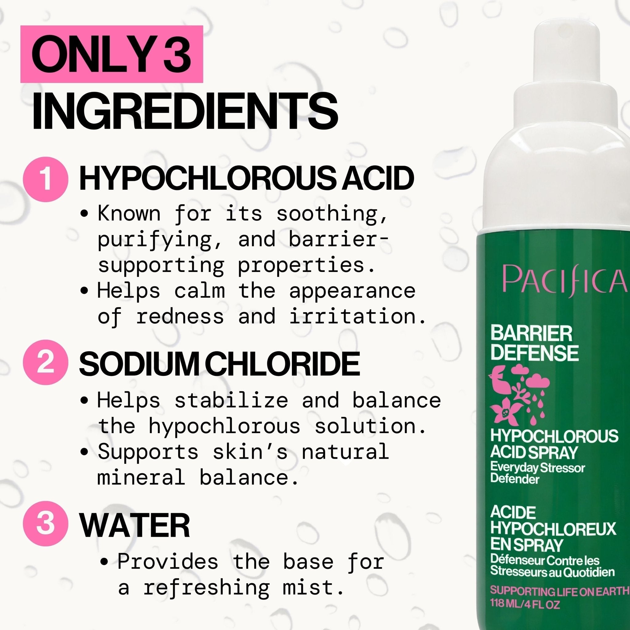 Pacifica Barrier Defense Hypochlorous Acid Spray with ingredient list on a white background