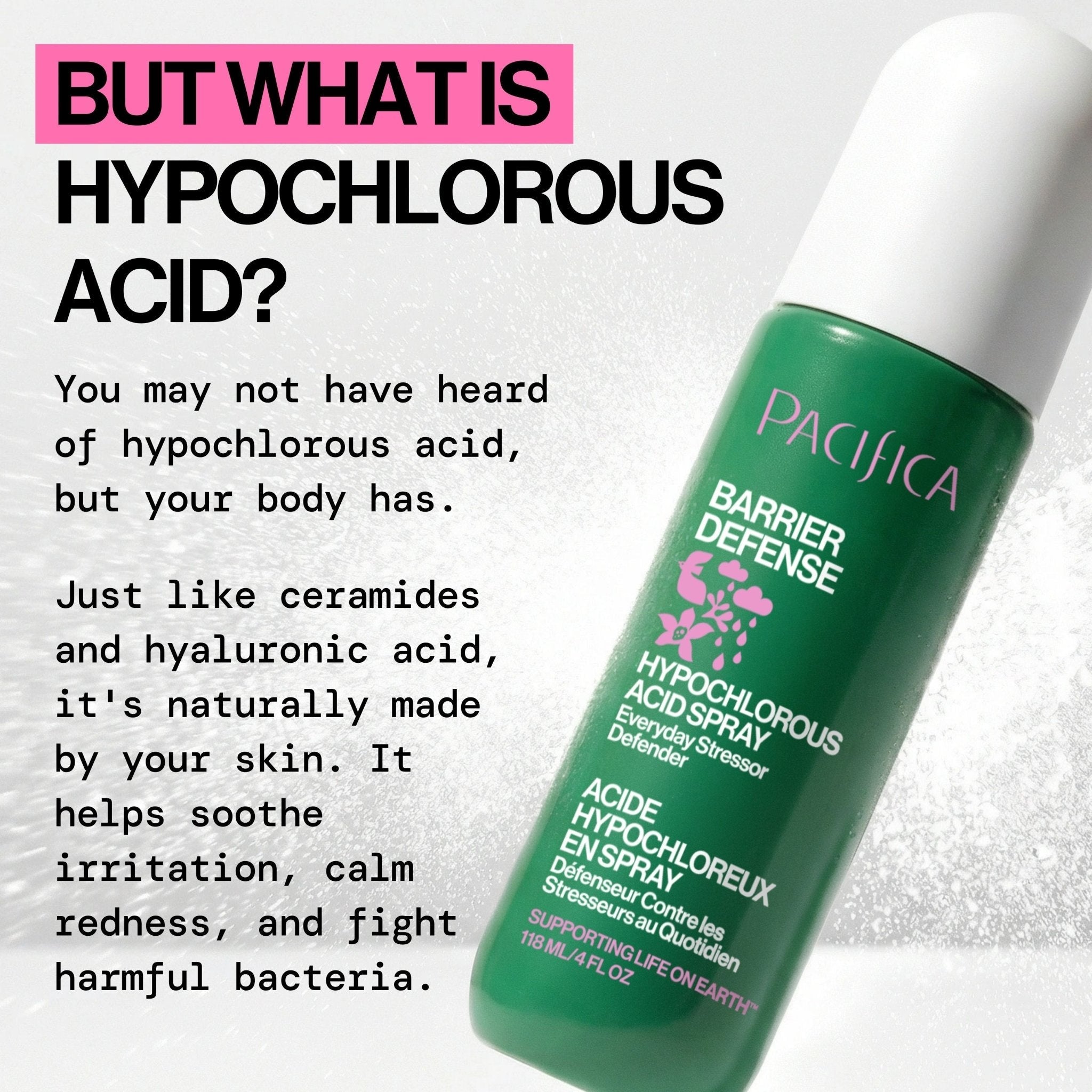 Pacifica Barrier Defense Hypochlorous Acid spray bottle with text about hypochlorous acid on a light gray background.