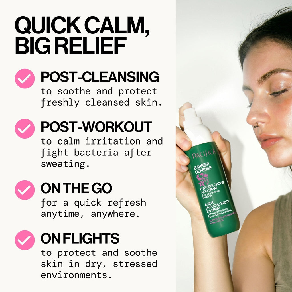 Woman holding a bottle of Pacifica Barrier Defense Deodorant with text about its uses.